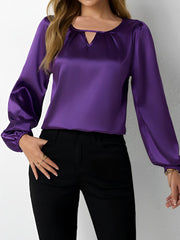 Satin Round Neck Keyhole Long Sleeves Blouse