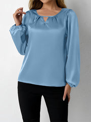 Satin Round Neck Keyhole Long Sleeves Blouse