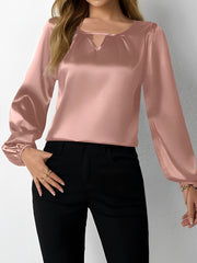 Satin Round Neck Keyhole Long Sleeves Blouse