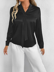 Satin Tie Neck Long Sleeves Work Office Blouse