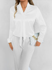 Satin Tie Neck Long Sleeves Work Office Blouse