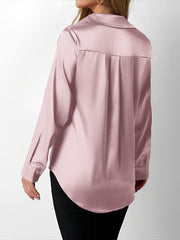 Satin Collared Solid Color Long Sleeves Work Blouse