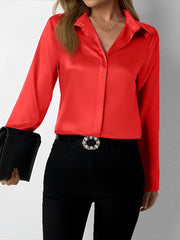 Satin Collared Solid Color Long Sleeves Work Blouse