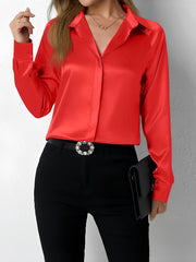 Satin Collared Solid Color Long Sleeves Work Blouse