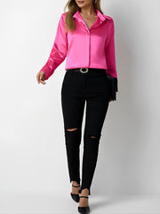 Satin Collared Solid Color Long Sleeves Work Blouse