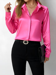 Satin Collared Solid Color Long Sleeves Work Blouse
