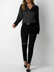 Satin Collared Solid Color Long Sleeves Work Blouse