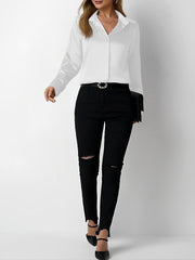 Satin Collared Solid Color Long Sleeves Work Blouse