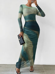 Mesh Contrast Color Ruched Bodycon Maxi Dress