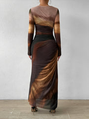 Mesh Contrast Color Ruched Bodycon Maxi Dress