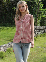 Gingham Ruffle Peter Pan Collar Sleeveless Blouse