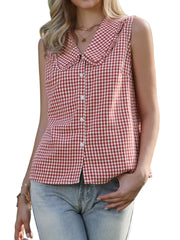 Gingham Ruffle Peter Pan Collar Sleeveless Blouse