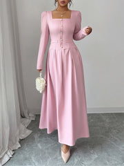 Square Neck Puff Sleeves Pleated A-Line Maxi Dress