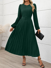 Round Neck Puff Sleeves Belted Pleated Maxi Dress