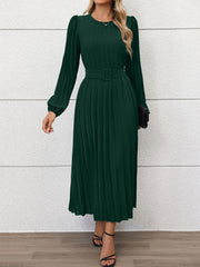 Round Neck Puff Sleeves Belted Pleated Maxi Dress