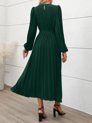Round Neck Puff Sleeves Belted Pleated Maxi Dress