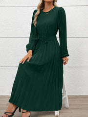Round Neck Puff Sleeves Belted Pleated Maxi Dress