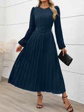 Round Neck Puff Sleeves Belted Pleated Maxi Dress