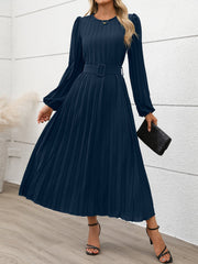 Round Neck Puff Sleeves Belted Pleated Maxi Dress