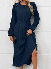 Round Neck Puff Sleeves Belted Pleated Maxi Dress