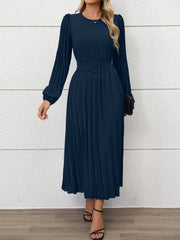 Round Neck Puff Sleeves Belted Pleated Maxi Dress