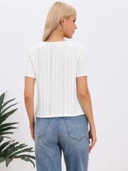 V Neck Texture Short Sleeves Button Down Casual Blouse