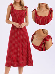 Tie Shoulder Sleeveless A-Line Polka Dots Midi Dress