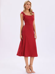 Tie Shoulder Sleeveless A-Line Polka Dots Midi Dress