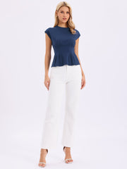 Cotton Cap Sleeve Crew Neck Business Work Peplum Blouse