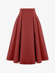 Solid Color Pleated Elastic Waist Pocketed A-Line Midi Skirt