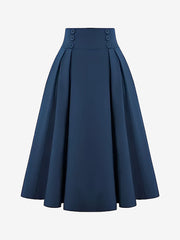 Solid Color Pleated Elastic Waist Pocketed A-Line Midi Skirt