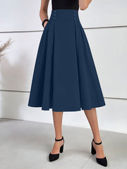 Solid Color Pleated Elastic Waist Pocketed A-Line Midi Skirt