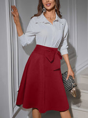 Solid Color Tie Waist Bowknot Midi A-Line Skirt