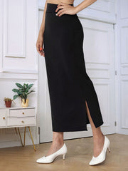 Solid Color High Waist Slit Midi Pencil Skirt