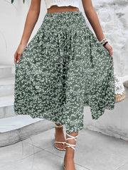 Floral Smocked Waist Slit Midi A-Line Skirt