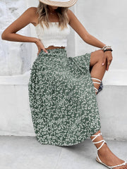 Floral Smocked Waist Slit Midi A-Line Skirt
