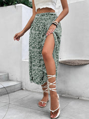 Floral Smocked Waist Slit Midi A-Line Skirt