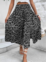 Floral Smocked Waist Slit Midi A-Line Skirt