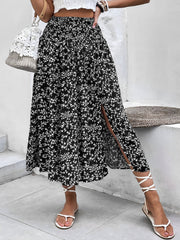 Floral Smocked Waist Slit Midi A-Line Skirt