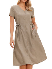 Button Down V Neck Short Sleeve Pockets Lace-Up Midi Dress