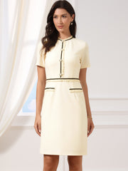 Short Sleeve Crew Neck Pearls Decro Knee Length Dress
