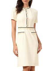 Short Sleeve Crew Neck Pearls Decro Knee Length Dress