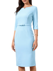 3/4 Sleeve Notch Neck Belted Formal Midi Work Dress