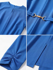 Work Keyhole Neck 3/4 Sleeve Belted Office A-Line Dress