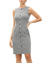 Gingham Sleeveless Round Neck Work Office Casual Midi Dress