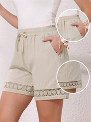 Cotton Linen Lace Summer Elastic High Waisted Shorts with Pockets