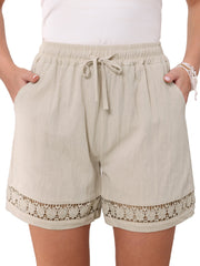 Cotton Linen Lace Summer Elastic High Waisted Shorts with Pockets