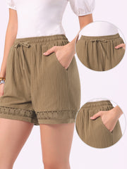 Cotton Linen Lace Summer Elastic High Waisted Shorts with Pockets
