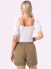 Cotton Linen Lace Summer Elastic High Waisted Shorts with Pockets