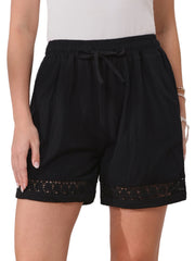 Cotton Linen Lace Summer Elastic High Waisted Shorts with Pockets